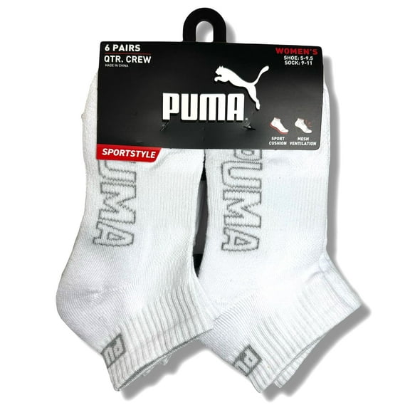 PUMA SOCKS WOMEN'S - QUARTER 253 - SLATE WHITE GREY - SHOE SZ 5-9.5 -PACK 6