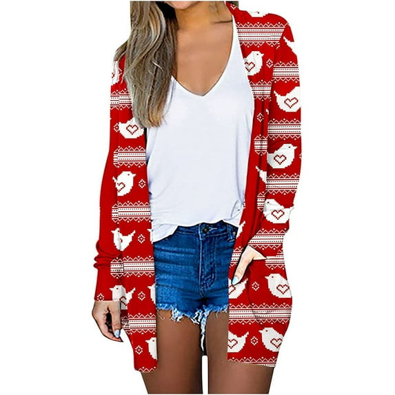 Mubineo Women Christmas Cardigan, Long Sleeve Open Front Graphic Ladies Outwear for Daily Party