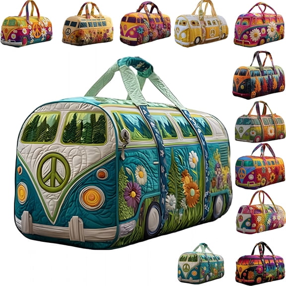 GASTROPOD 2026 New Quilted Hippie Van Duffle Bag with Adjustable Padded Strap-Large 18 Inch Weekender Travel Bag for Roomy Gym Dance Overnight Festival Carryall Made From Strong Polyester Fabric