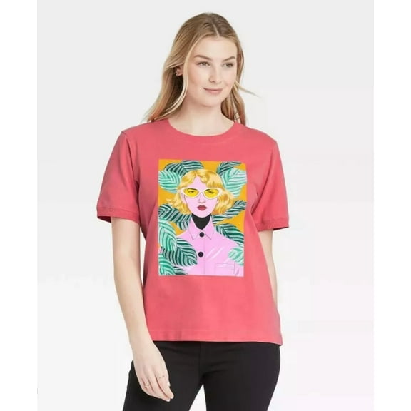 Bijou Karman Graphic T-Shirt Women Size XS Pink Salmon Ribbed Hem Short Sleeve