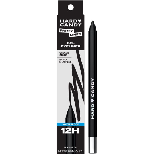 Hard Candy Party Lines Gel Eyeliner pencil in matte black with creamy, smudge-proof color and waterproof 12-hour wear, shown with its black and white packaging featuring easy sharpening and brand name.