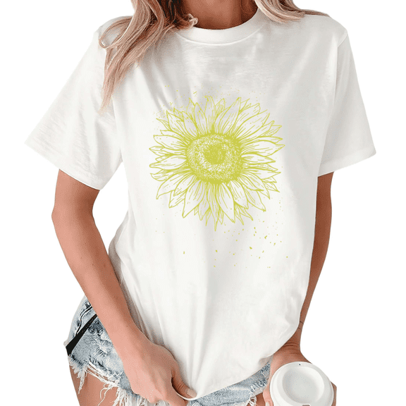 Giffimy Women's Minimalist Sunflower Sketch Floral Graphic Short Sleeve T-Shirt S-5XL Cotton Fashion Top