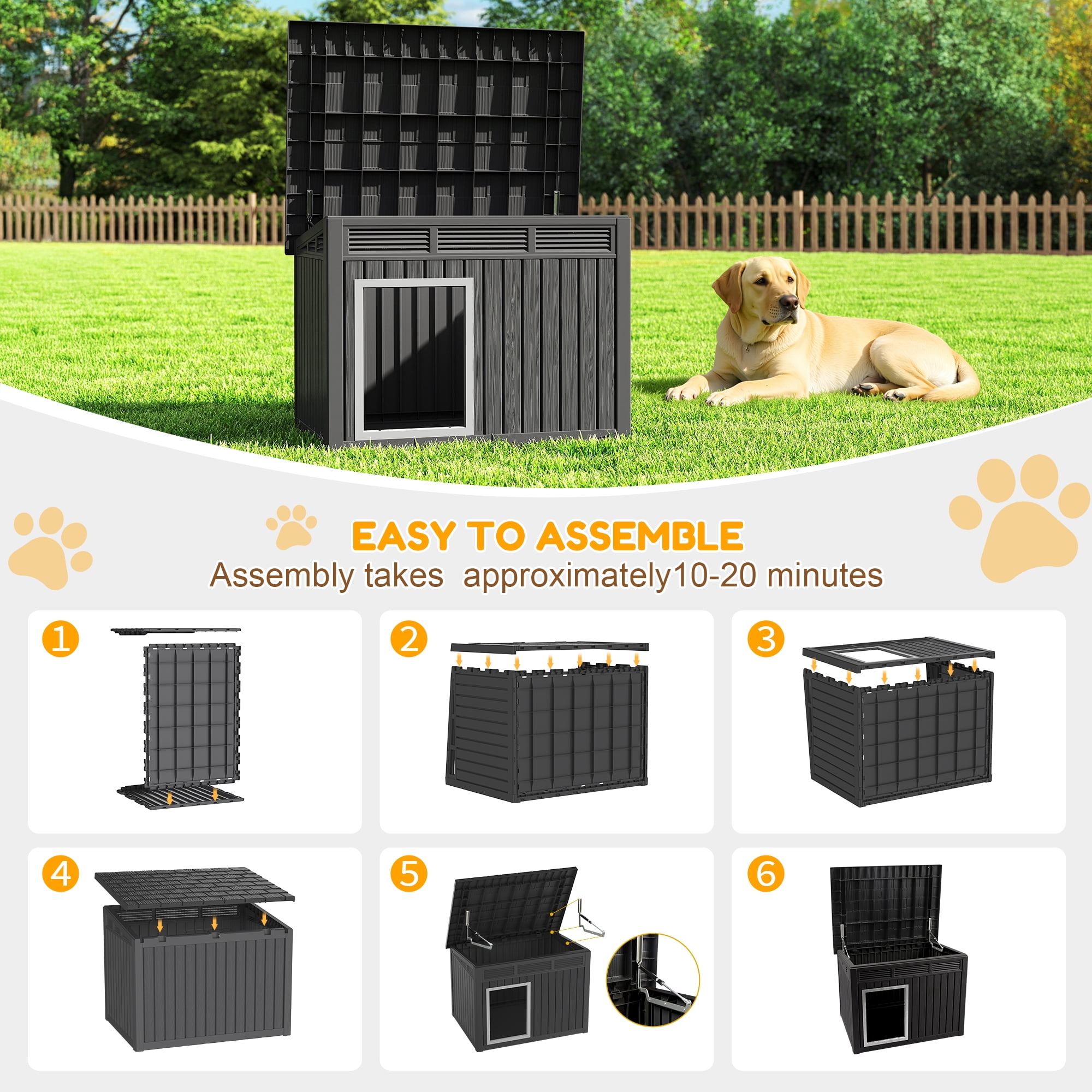 Nihsuao Waterproof Dog House for Medium to Large Dogs, Indoor Outdoor PP Kennel with Ventilated Design & Removable Roof, Easy to Clean, Black, 42.2"L x 30"W x 31"H