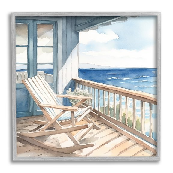 Stupell Industries Seaside Porch View Landscape Painting Gray Framed Art Print Wall Art, 17 x 17