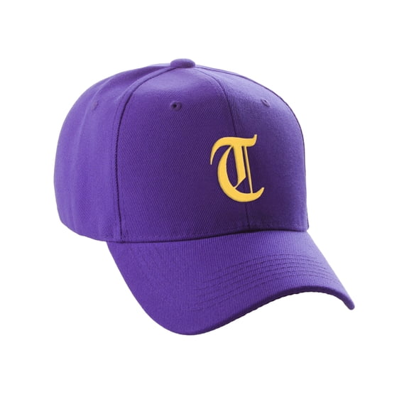 Daxton Structured Baseball Hat Cap Curved Visor Old English Font Purple Hat Gold T