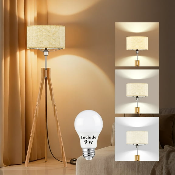 BLITZWILL Natural Wood Tripod Floor Lamp,Includes Light Bulb,E26 Base,LED Modern Dimmable Mid Century Standing Lamp,Flaxen Linen Shade,for Living Room, Bedroom, Office