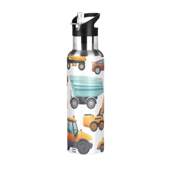 ALAZA Cartoon Car Truck Engineering Excavator Water Bottle Insulated Flask Stainless Steel Straw Lid 20 oz