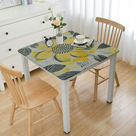 HAOXIT  Square Vinyl Fitted Tablecloth with Flannel Backing Elastic Edge Square Table Cover Waterproof Table Cloth Stain-Resistant Wipeable for Square Table white