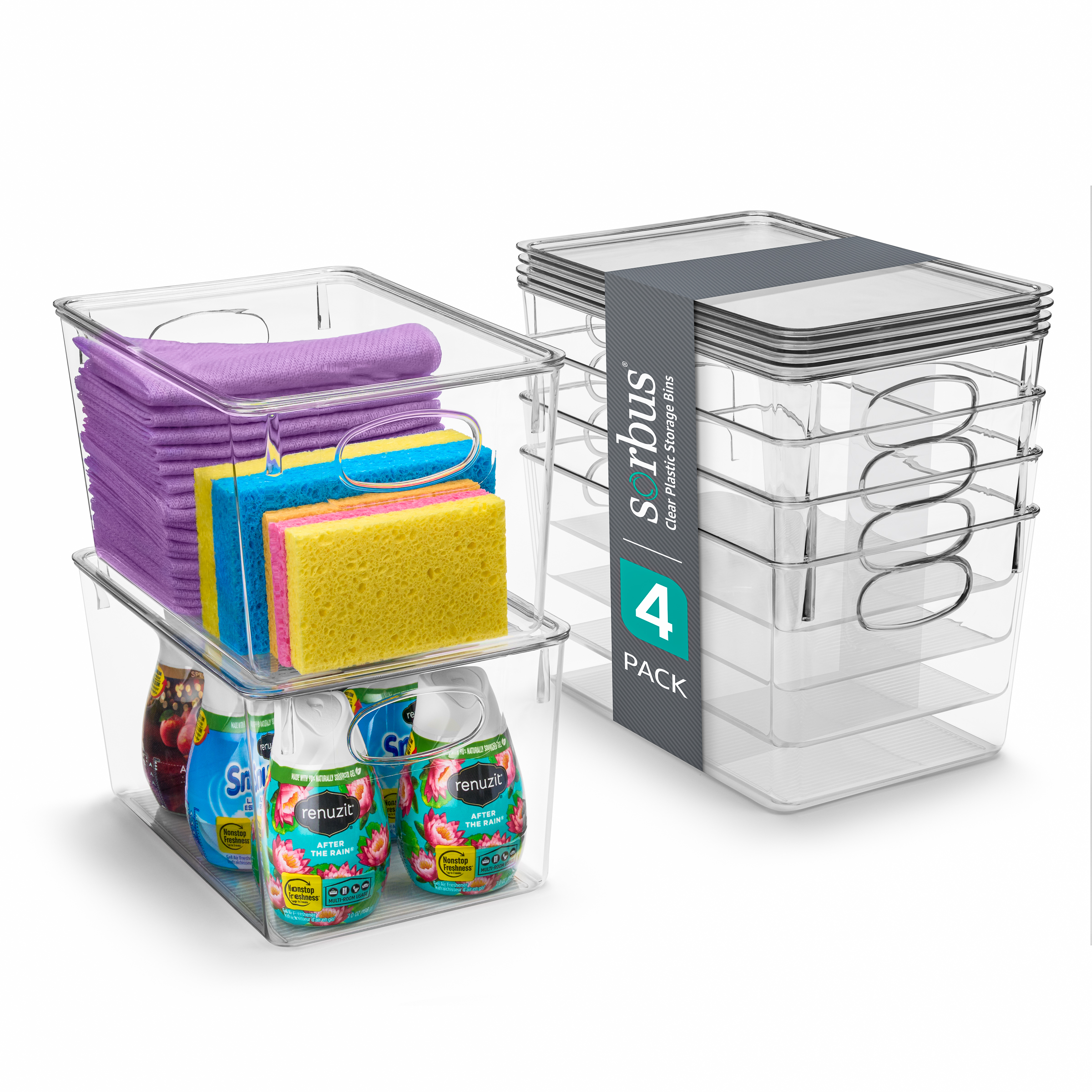 Sorbus Cleaning Supplies Clear Storage Containers with Lids for Organizing Under the Sink Bathroom Essentials Bins - 4 Pk
