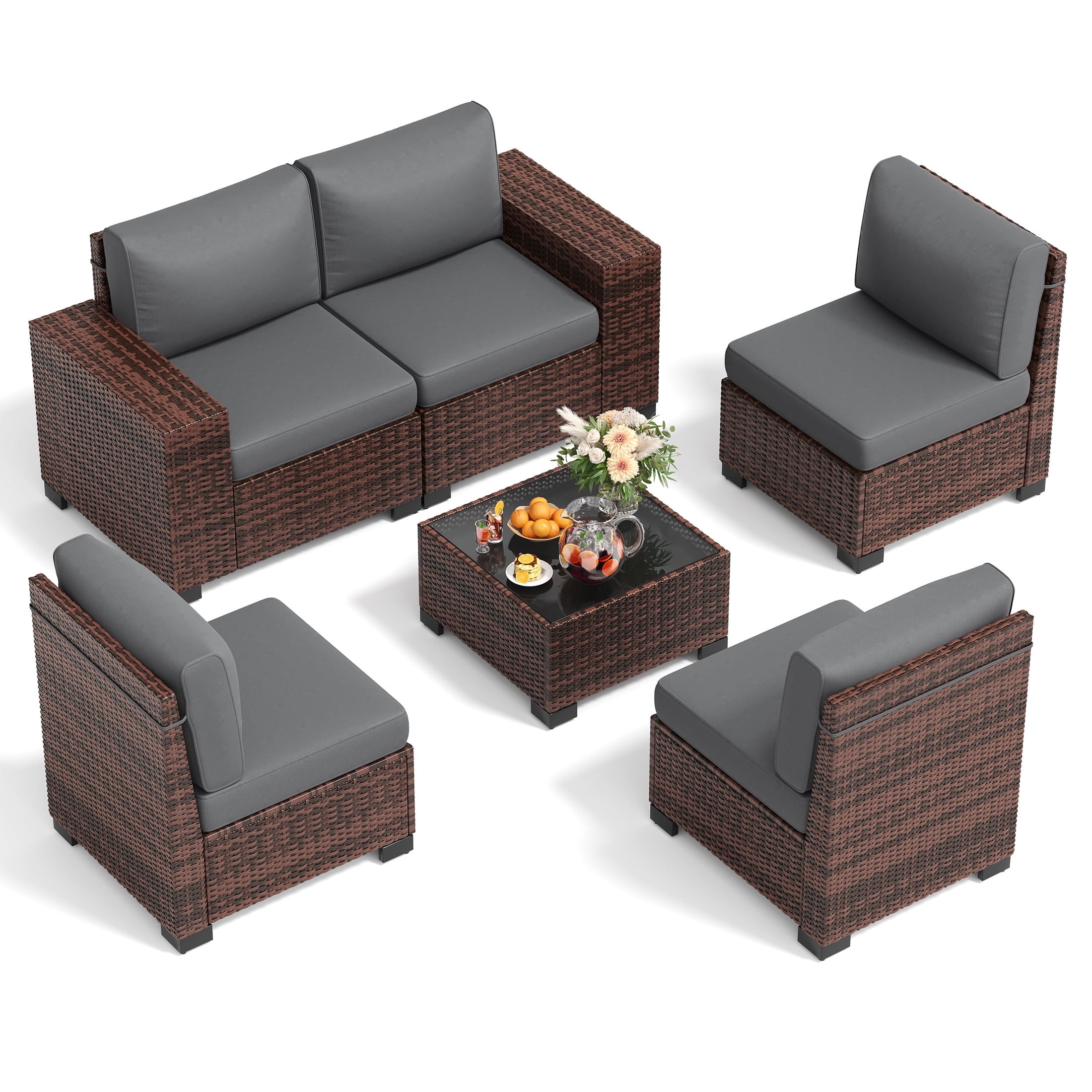 UDPATIO 6-Piece Patio Furniture Set, Outdoor Patio Sofa Set With Wide Armrest, All-Weather Wicker Rattan Guest Set With Cushion And Glass Table And Waterproof Cover, Brown & Dark Grey