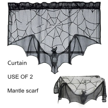 93x57CM Black Spiderweb Bat Lace Fireplace Mantel Cloth Scarf Halloween Home Decor