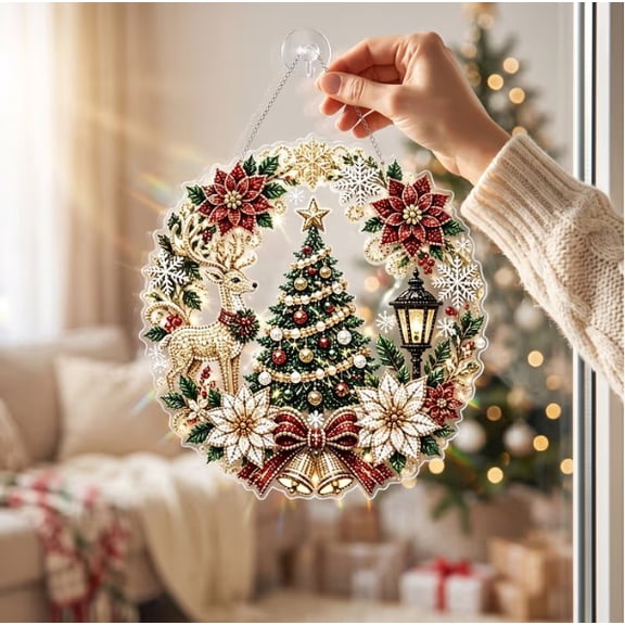 Christmas Round Diamond‑Painting Hanging Ornament,Christmas Tree & Poinsettia Diamond Painting Ornament - DIY Window Hanging Craft for Fireplace & Home Decor
