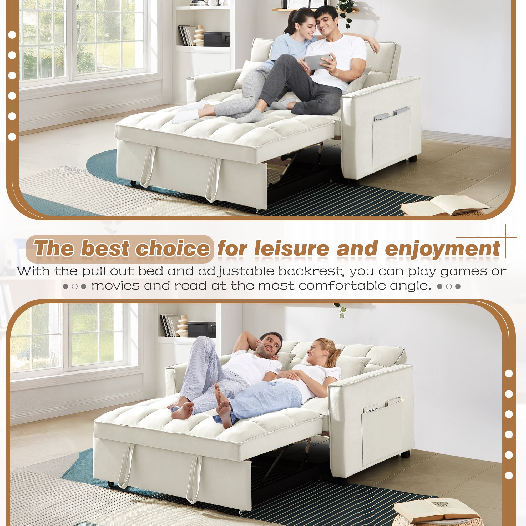 Lunale 4-in-1 Convertible Futon Sofa Bed, Pull Out Couch Beds Loveseat Sleeper, Beige Velvet