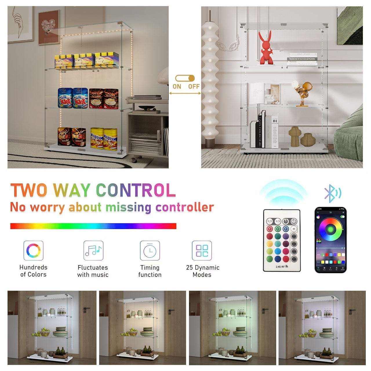 MAYEERTY 3 Tiers Glass Display Cabinet with Bluetooth LED Light Strip, Curio Storage Cabinet with 2 Door Wheels and Lock, Tempered Glass Top, White