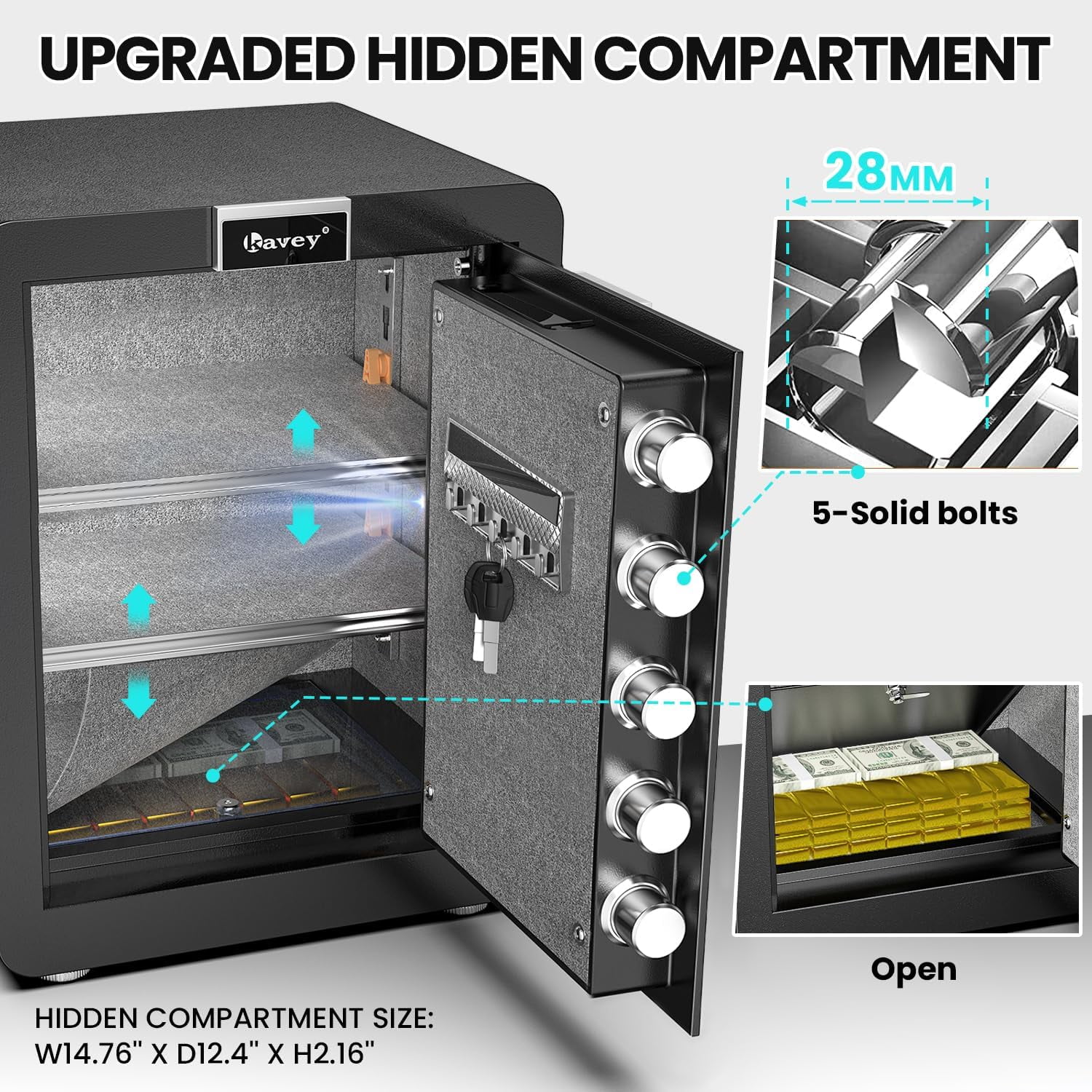 Kavey 2.6 Cub Safe, Large Safe with LCD Touch Screen & Hidden Compartment , Home Safe with Dual Alarm and LED Light, Fireproof Safe Box for Money Documents Valuables