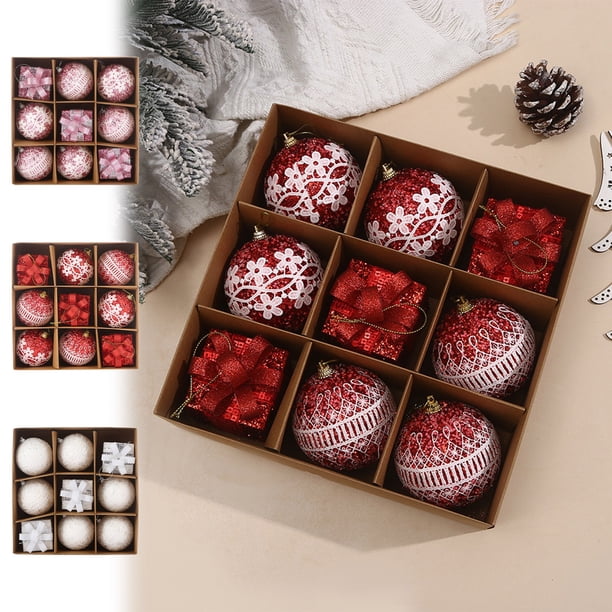Set de adornos navideños de 9 piezas - bolas de espuma de 8 cm en rojo, blanco y rosa para decorar árbol y corona