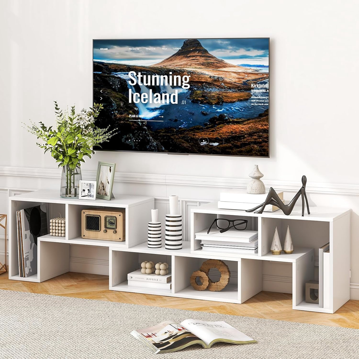 Topbuy 3 PCS Adjustable TV Stand Minimalist Entertainment Center for 43 55 60 65 Inch TV Media Table White