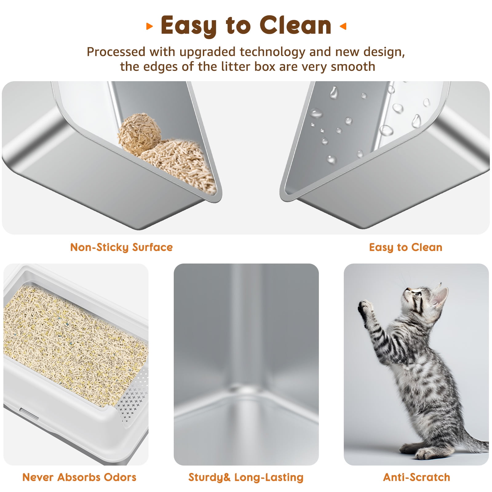 Stainless Steel Litter Box with Large Litter Mat, 23.6" High-Sided Metal Litter Pan for Multi Cats Tray with Scoop Non-Stick, Leak-Proof, Easy to Clean