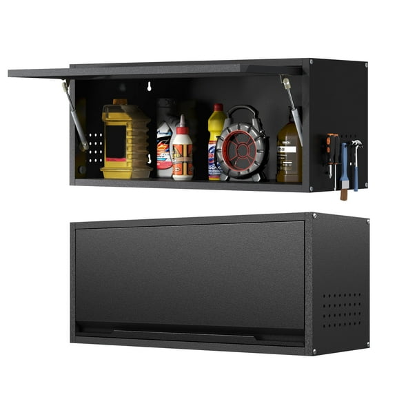 Metal Garage Wall Cabinet with Doors Side with Holes,Wall Mounted Metal Storage Cabinet with Up-Flip Door ,Garage Storage Cabinet for Garage, Basement, Kitchen, Warehouse,Office, Bathroom-Black