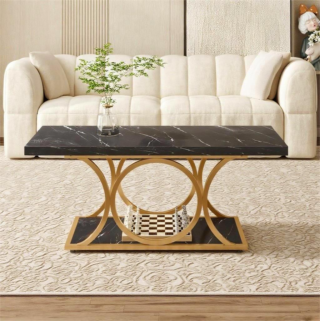 Fnova 47.24" Rectangular Coffee Table, Modern 2-Tier Imitation Marble Wood Coffee Tables with Storage Shelf for Living Room, Geometric Metal Legs, Easy Assembly