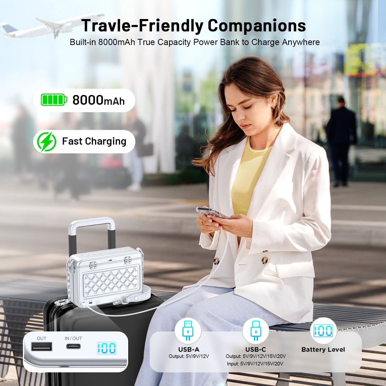 iDiskk MFi Certified 2-in-1 Security Lockable Crossbody Bag with Fingerprints Lock for Women, Shoulder Bag Anti-Theft with Fingerprint & Password Unlocking Built-in 8000mAh 1-Pack Silver