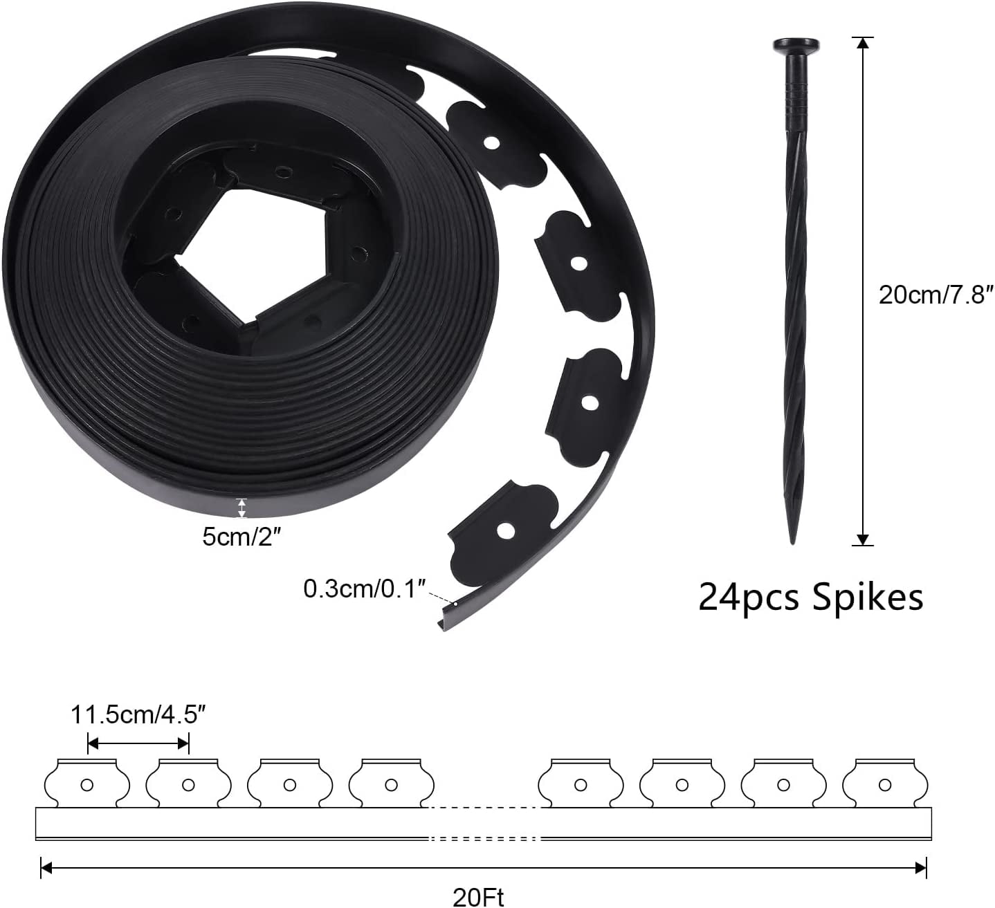 No Dig Durable Garden Landscape Edging Kit, Black Plastic Lawn Border with 24pcs Anchoring Spikes for Landscaping, Flower Gardens, Lawn (20FT+ 24pcs Anchoring Spikes)