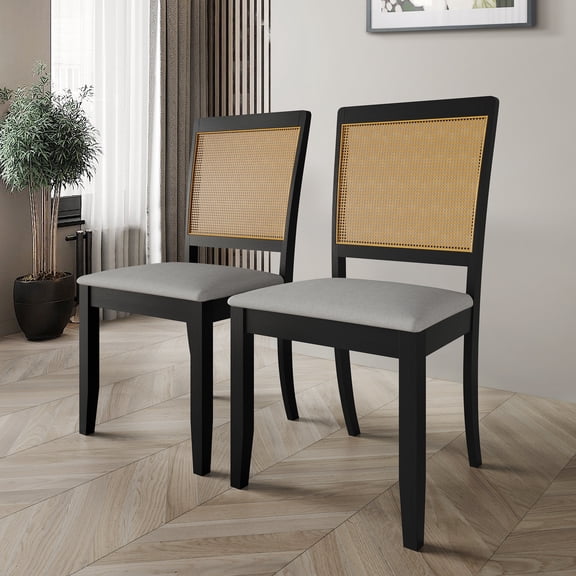 Castle Place Wood and Rattan Dining Room Chair, Set of 2, Black