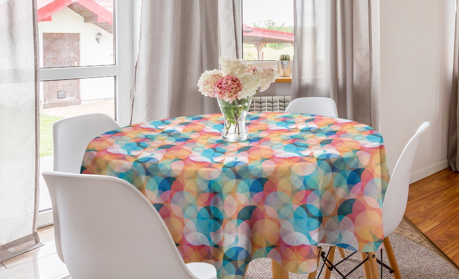 Geometric Round Tablecloth, Soft Toned Hazy Overlap Circles Mosaic