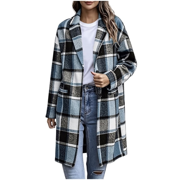 Floleo Women's Plaid Long Coat Open Front Lapel Collar Casual Winter Warm Outerwear with Pockets Button Down Full Length Jacket
