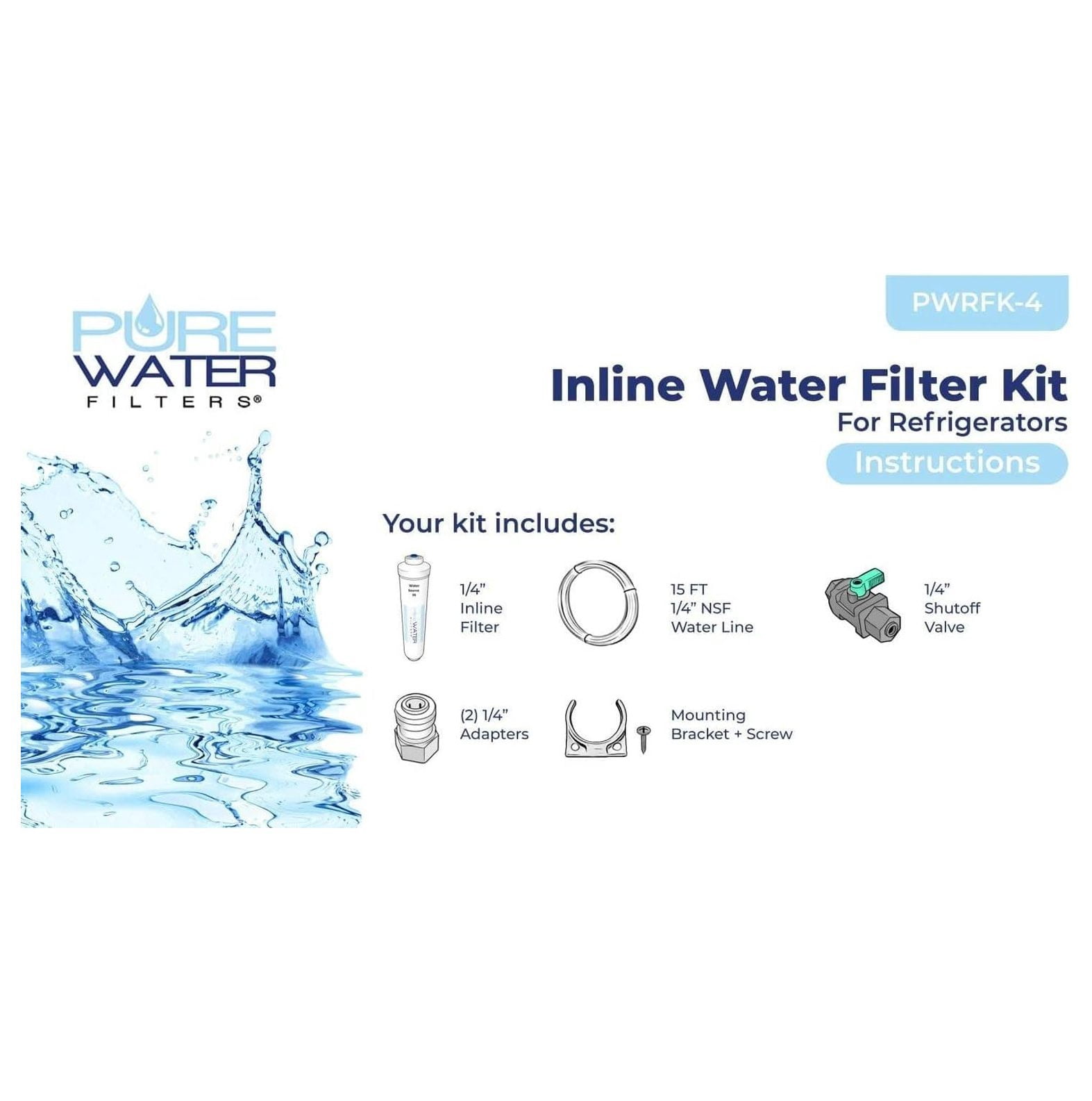 Inline Water Filter Kit for Refrigerator - NSF Certified - 1/4" Quick Connect - Ice Maker Filter Replacement - Chlorine & Odor Reduction - 15ft Water Line