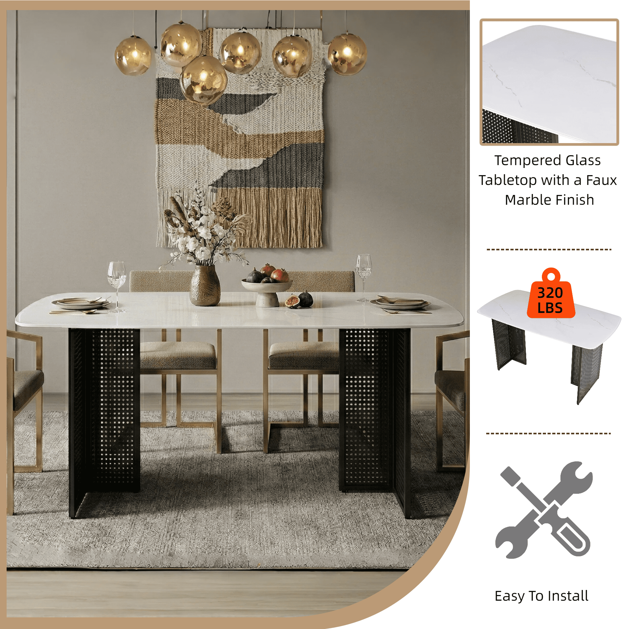 Euroco 51.2inch Glass Dining Table for 6,Rectangular Kitchen Table with Marble-Patterned Design and Metal Legs for Kitchen Living Room,White