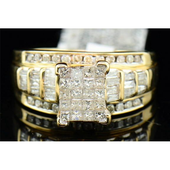 Diamond Engagement Ring 14K Yellow Gold Princess Round Baguette Cut 1 Ct