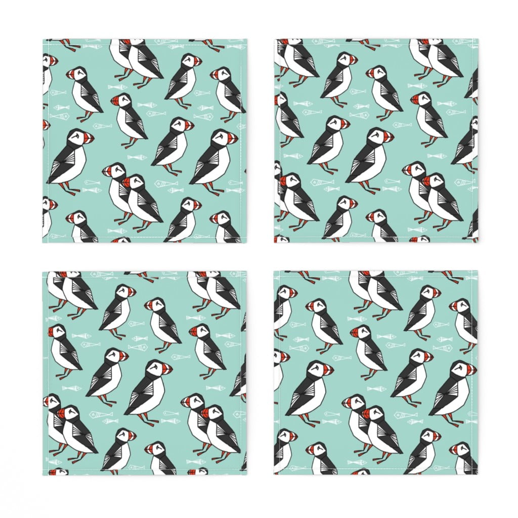 Cotton Table Napkins Set of 4 Green Puffin Screen Print
