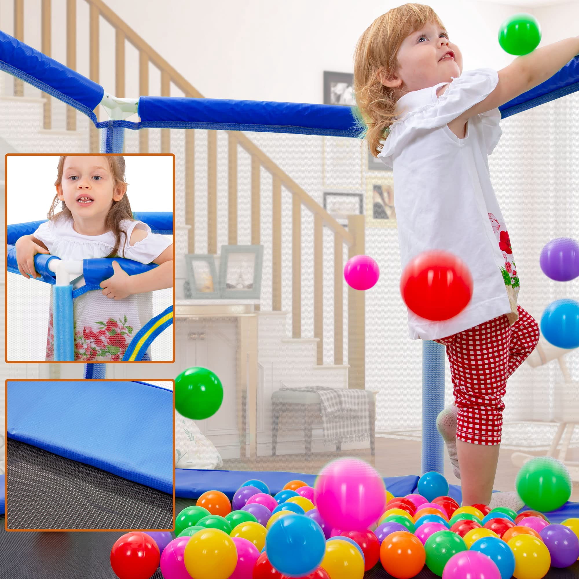 JOYFULIN 55" Trampoline for Kids, 4.5FT Mini Indoor Outdoor Toddler Trampoline with Enclosure Net and Pit Balls Baby, Small Kids Trampoline Birthday Gifts for Girl and Boy Age 1-8