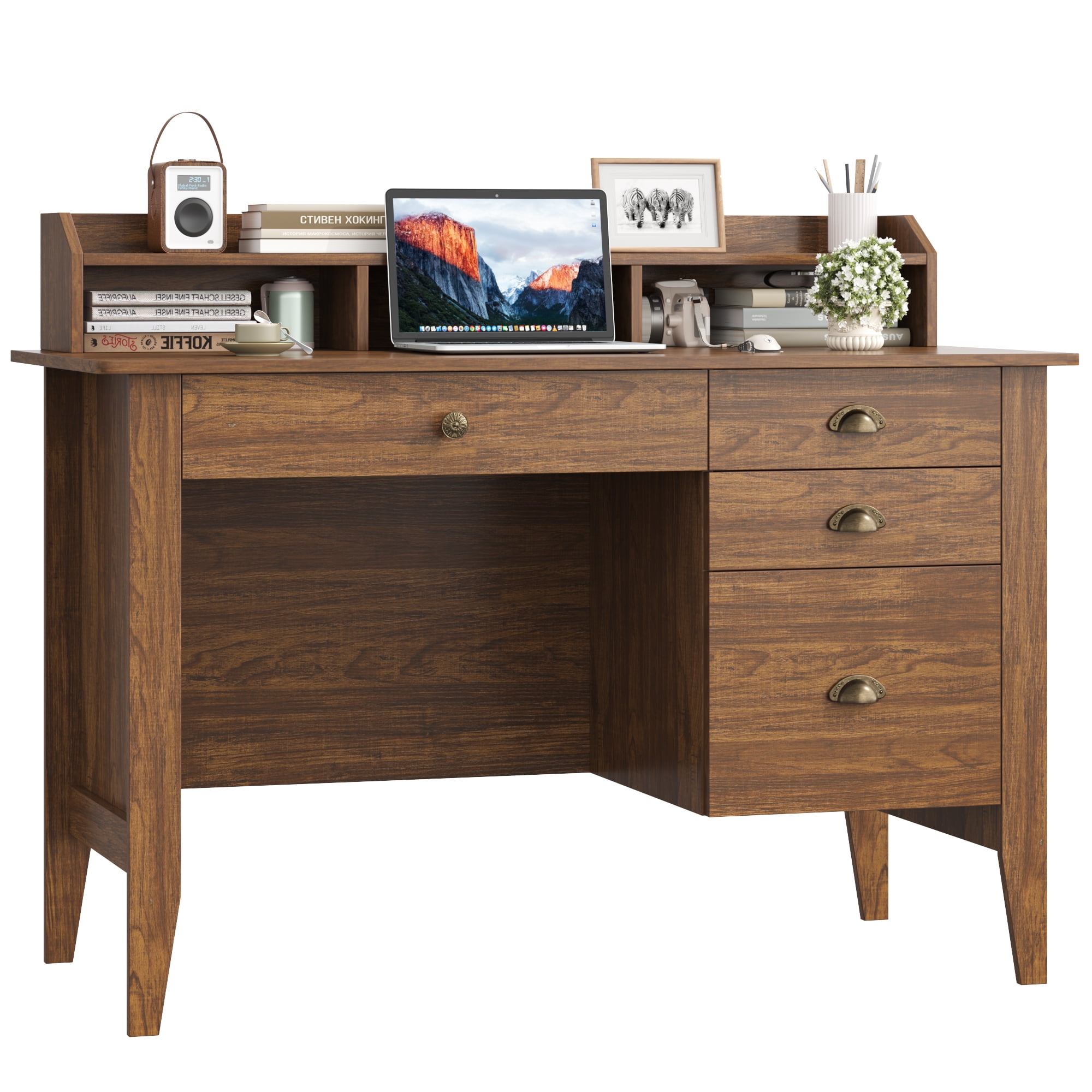 Homfa 47 in Computer Desk, Home Office Writing Table with 4 Drawers & Hutch Shelf, Rustic Brown