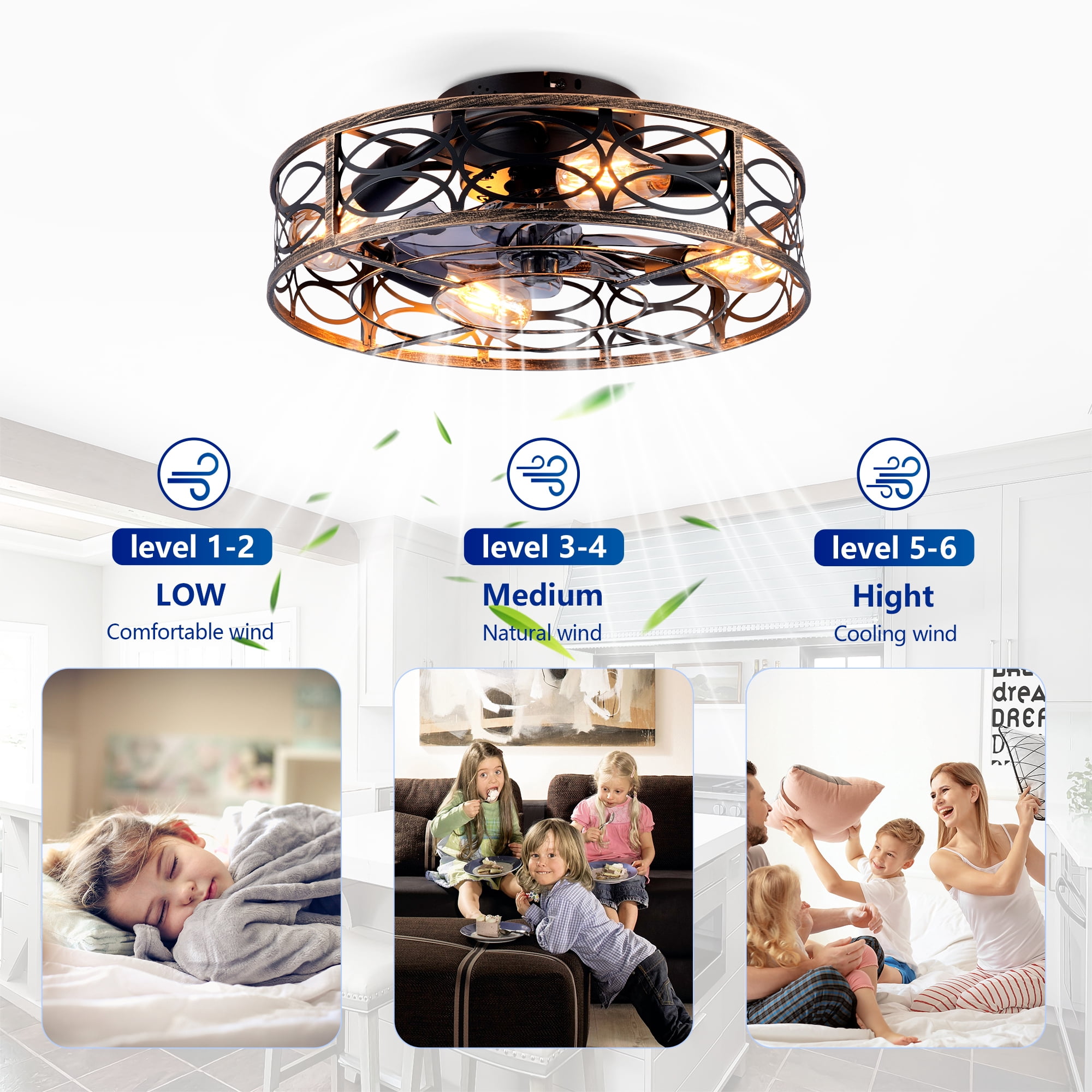 Leumius 20" Low Profile Caged Ceiling Fans with Lights and Remote, Farmhouse Flush Mount Ceiling Fan with 6 Speeds Reversible Motor for Living Room Bedroom Dining Room(NOT Included Bulbs)