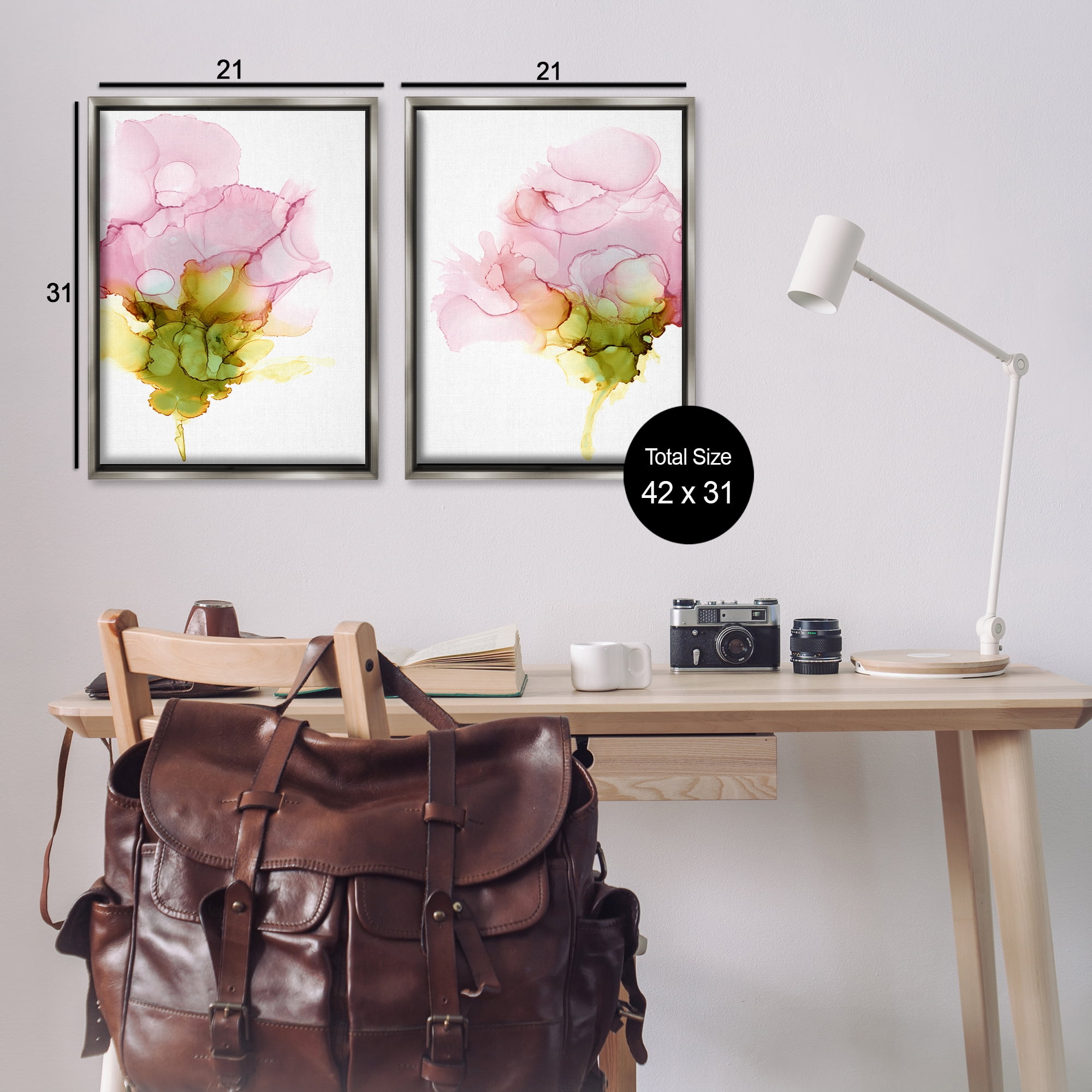 Stupell Industries Blooming Pink Ink Blossom Abstract Painting Gray Floater Framed Canvas Art Print Wall Art, 21 x 31, Set of 2