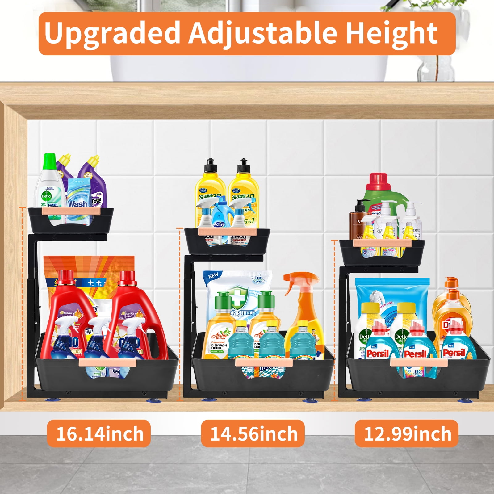 YTKUS 2 Tier Under Sink Organizers and Storage 2 Pack Height Adjustable Sliding Drawer Cleaning Organizer with Handles for Kitchen Bathroom Pantry Home,Black
