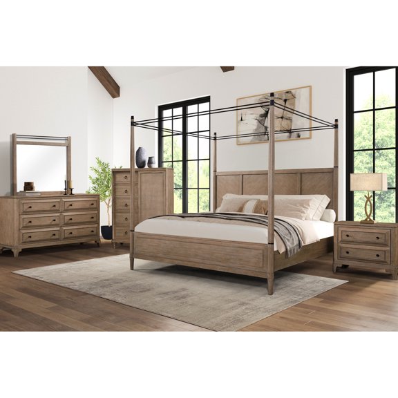 Warm Sand-colored Queen Canopy Bed - Solid Wood & Bedroom Sensation Furnishing