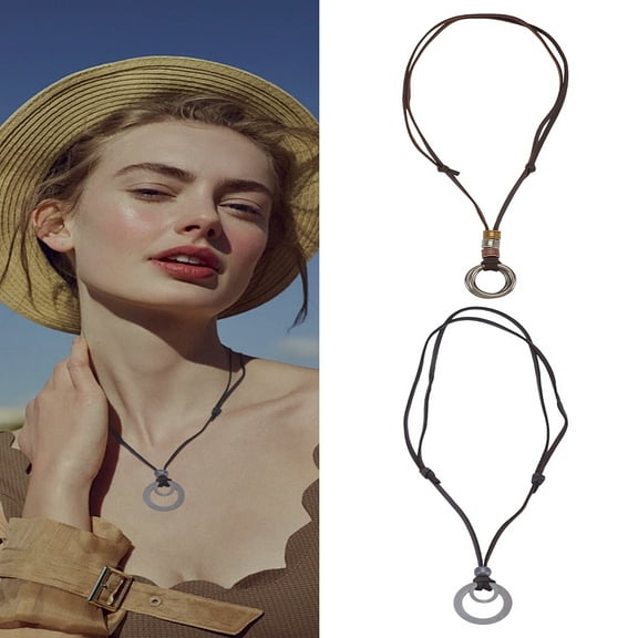 1 set 2pcs 2 styles Alloy Double Ring Pendant Necklaces Adjustable PU Leather Cord Necklaces for Women Coconut Brown Gunmetal 16.14~33.07 inch(41~84cm) 1pc/style