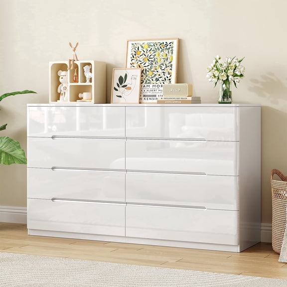47" White Glossy 8 Drawer Dresser for Bedroom, Modern Chest of Drawers with Groove Handle for Living Room