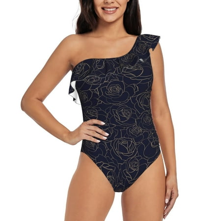 Sikiie Copper-Gold Gloss Outline Rose1 Print Women One Piece Swimsuits Tummy Control One Shoulder Bathing Suits Ruffle Swimwear  From S to XXL-X-Large