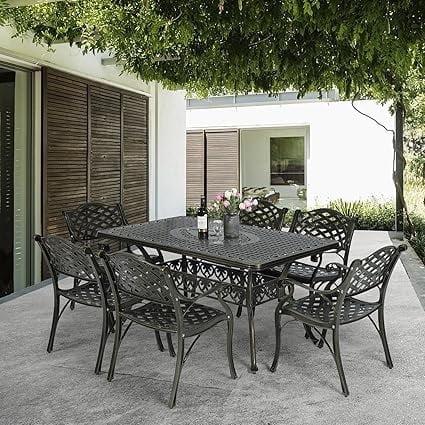 SOCIALCOMFY 7-Piece Outdoor Patio Dining Set, All-Weather Cast Aluminum Furniture Conversation Set, Include 6 Lattice Chairs and a Rectangle Table with Umbrella Hole for Balcony Lawn Garden Backyard