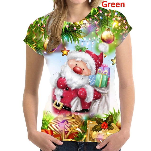 Camiseta navideña para mujer, camisetas de manga corta con cuello redondo 3d para niñas, moda de Corea, camisetas de Navidad para mujer, ropa de gran tamaño para mujer 2024
