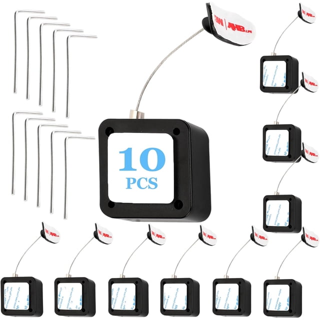 10-Pack 6.5ft Retractable Safety Locking Cable for Remote Controls with Reel Boxes, Square/Elliptical Films & Adjustment Wrenches - Black