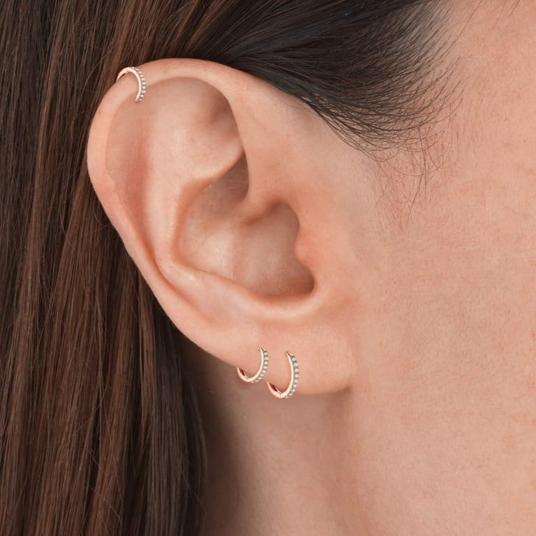 925 Sterling Silver Post Small Hoop Earrings Cubic Zirconia Huggie Hoop Earrings 3 Pairs 14K Rose Gold Plated Cartilage Piercing Earrings Ear Cuff