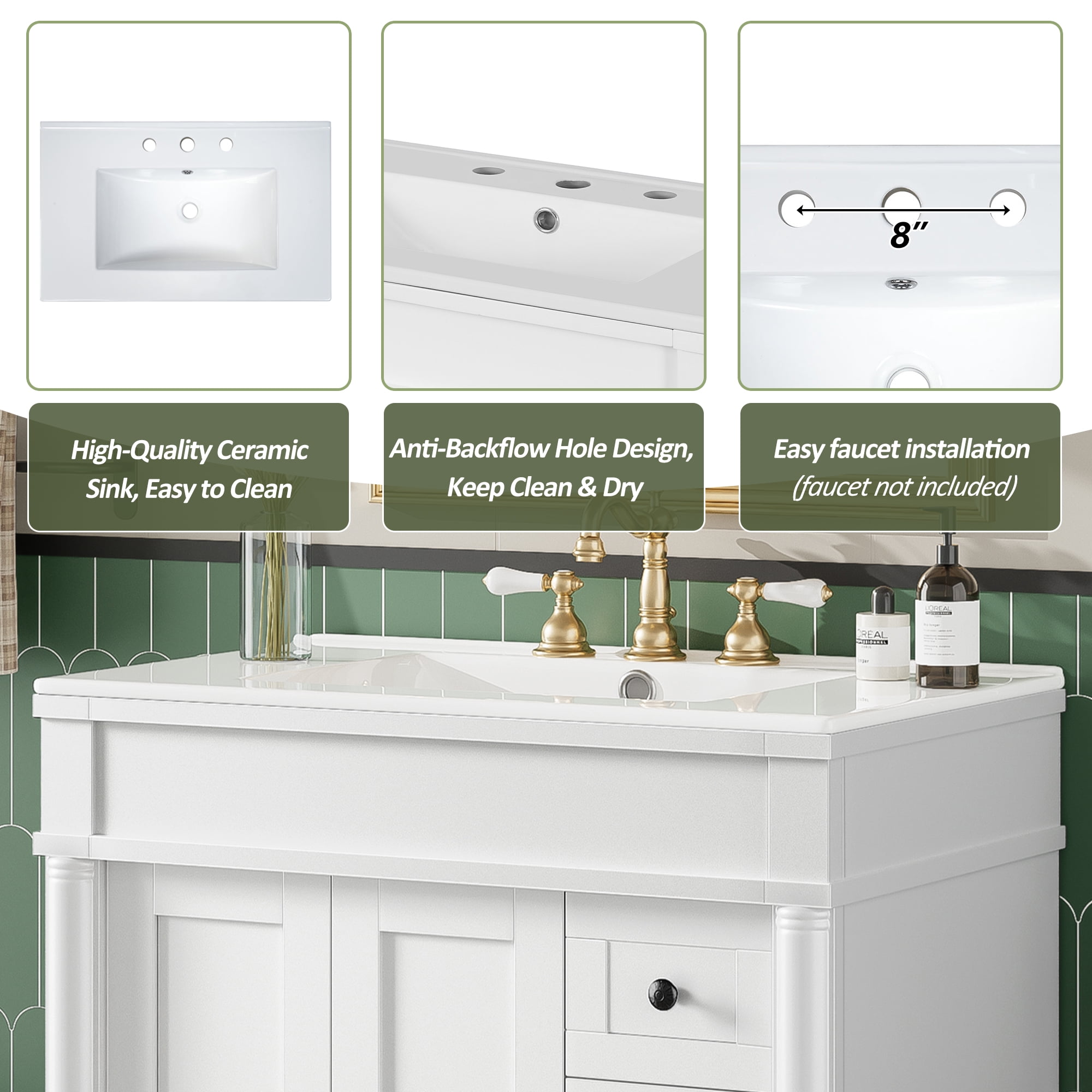 Euroco 30-Inch Modern Bathroom Vanity, Solid Wood Frame + MDF, 2 Doors 3 Drawers, Soft-Close Design, U-Shaped Adjustable Shelf, Ceramic Sink, Bathroom Storage Cabinet Set