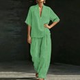 thumbnail image 3 of Two Piece Sets for Women Summer Casual Outfit Sets Fashion Stripes Printed V Neck Short Sleeve Topss and Wide Leg Double Pocket Pants Set Vacation Travel Outfits Fashion 2026, 3 of 6
