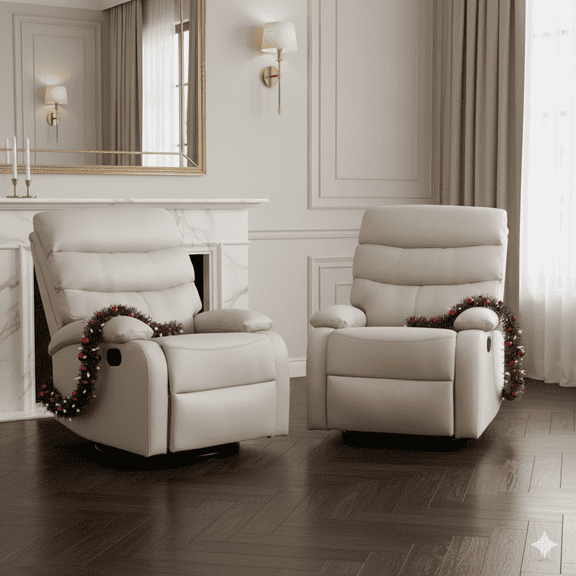 2-Pack Genuine Leather Recliner Chairs, Compact Swivel Rocking Recliners for Living Room, Bedroom, Apartment & Small Spaces