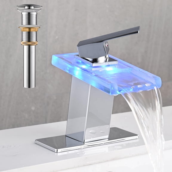 HIBIBUD Led Bathroom Sink Faucet, Chrome Waterfall Single Hole Handle Vanity Faucets for Sinks 1 Hole with Metal Pop Up Drain and 2 Water Supply Lines, Open Glass Spout